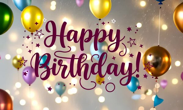3D happy birthday lettering surrounded by colorful festive balloons, shiny confetti, and glowing stars in a bright celebratory design perfect for party themes