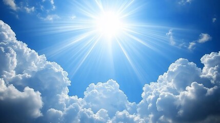 Bright sun shining through fluffy white clouds in a vivid blue sky.