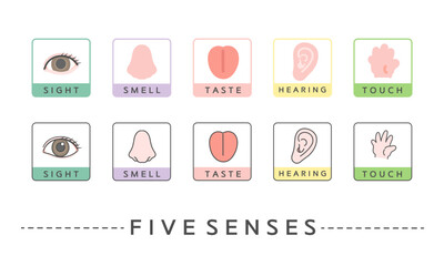 五感　イラスト　アイコン　視覚　嗅覚　味覚　聴覚　触覚