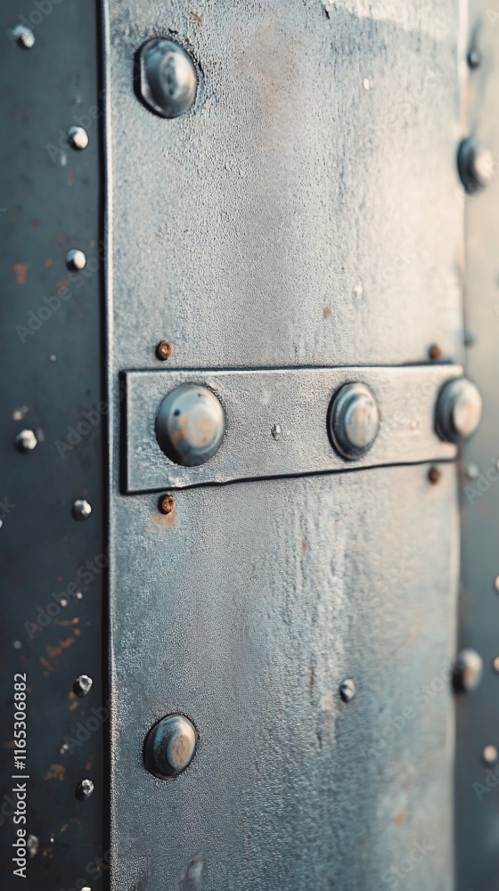 Aufkleber close up of weathered metal surface with rivets and reinforcements showing signs of age and wear