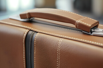 Mock up of a blank leather luggage handle wrap on a modern suitcase. Travel concept, free space for text