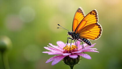 Naklejka premium Close-up of a vibrant orange butterfly resting on a flower in a sunny garden 