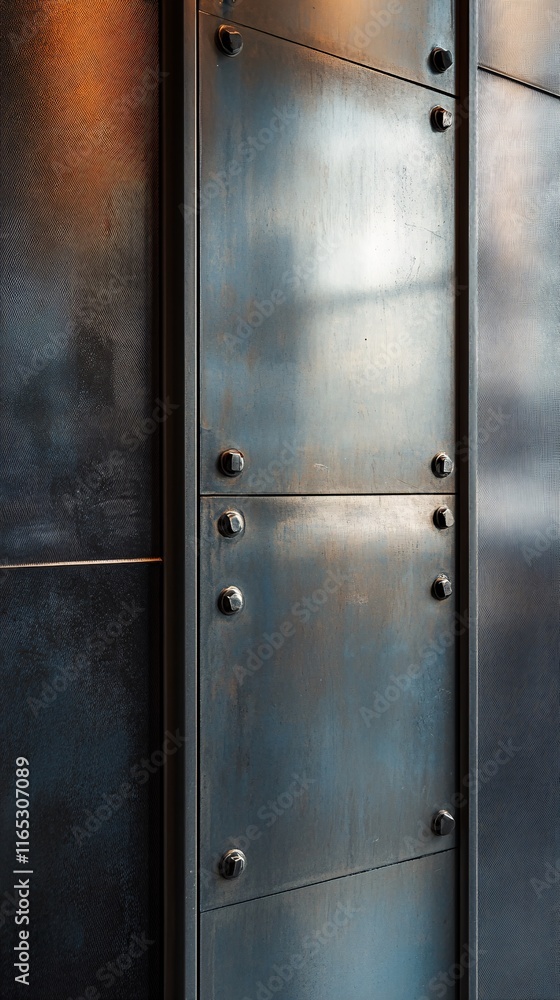 Poster close-up of weathered metal panels with rivets creating industrial texture