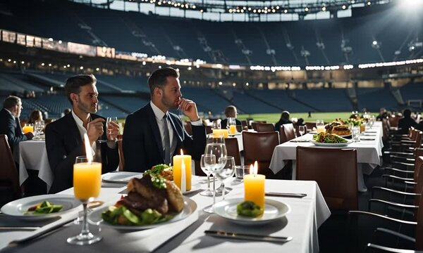 Dinner in the VIP box of a stadium.