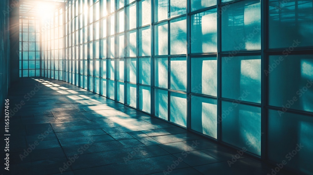 Aufkleber sunlight illuminating empty modern corridor with large windows and tiled floor