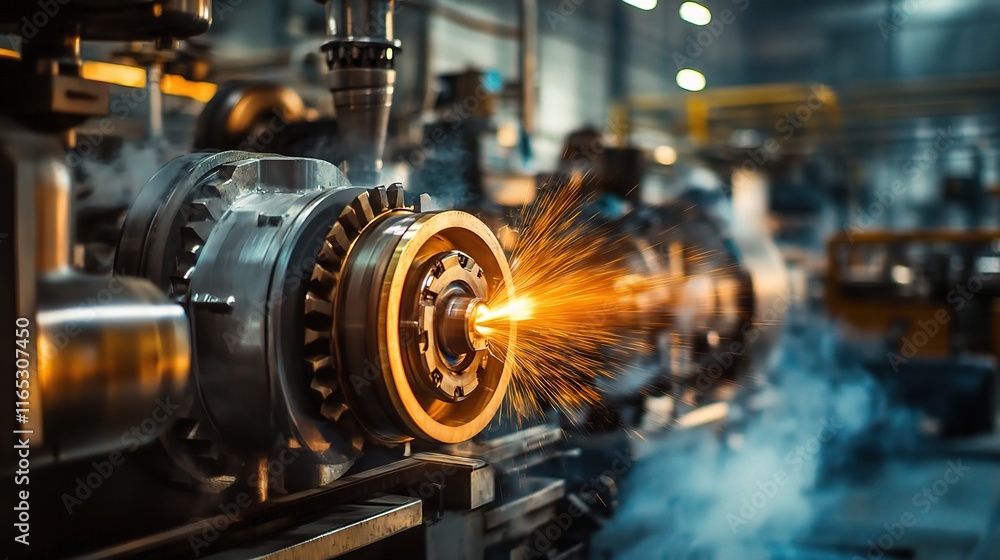 Poster engine sparks in motion within an industrial background setup