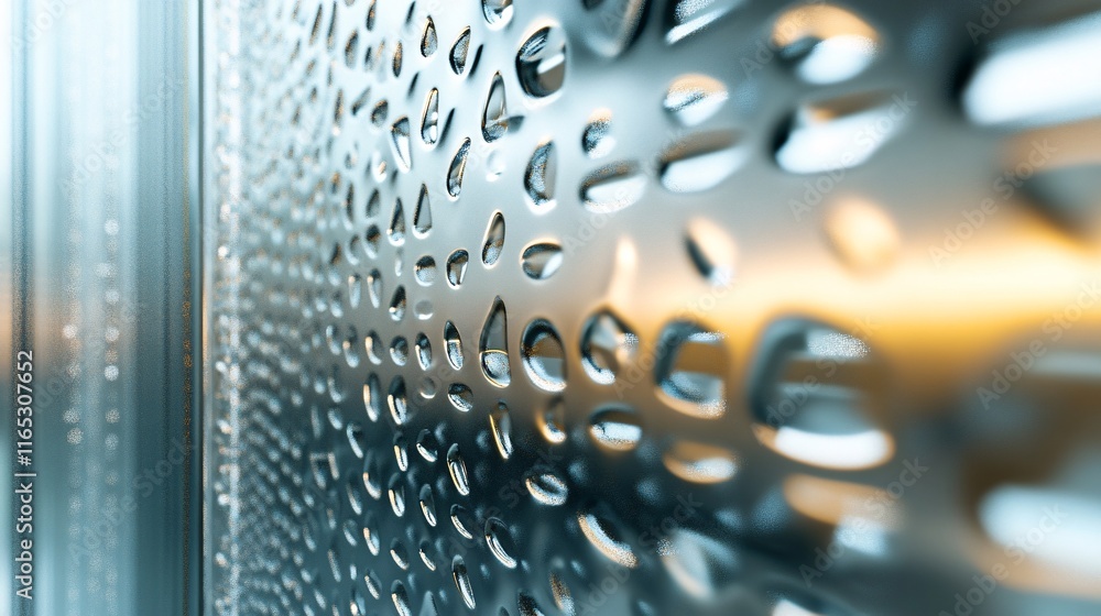 Poster Water droplets forming intricate patterns on glass surface with shallow depth of field