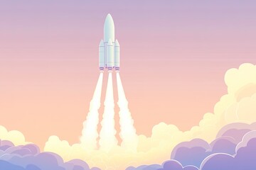 Fototapeta premium pastel-toned illustration of rocket liftoff with stylized exhaust trails blending into minimalist sky