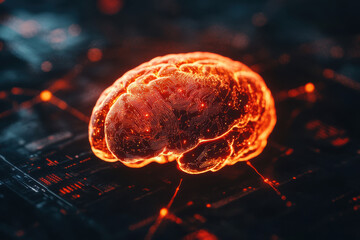Glowing digital brain with circuit pattern over dark background
