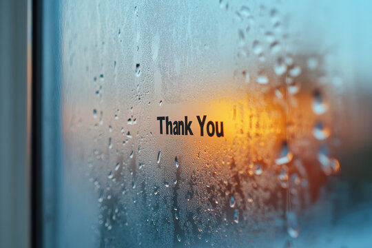 Thank you message on foggy glass window with sunset reflections