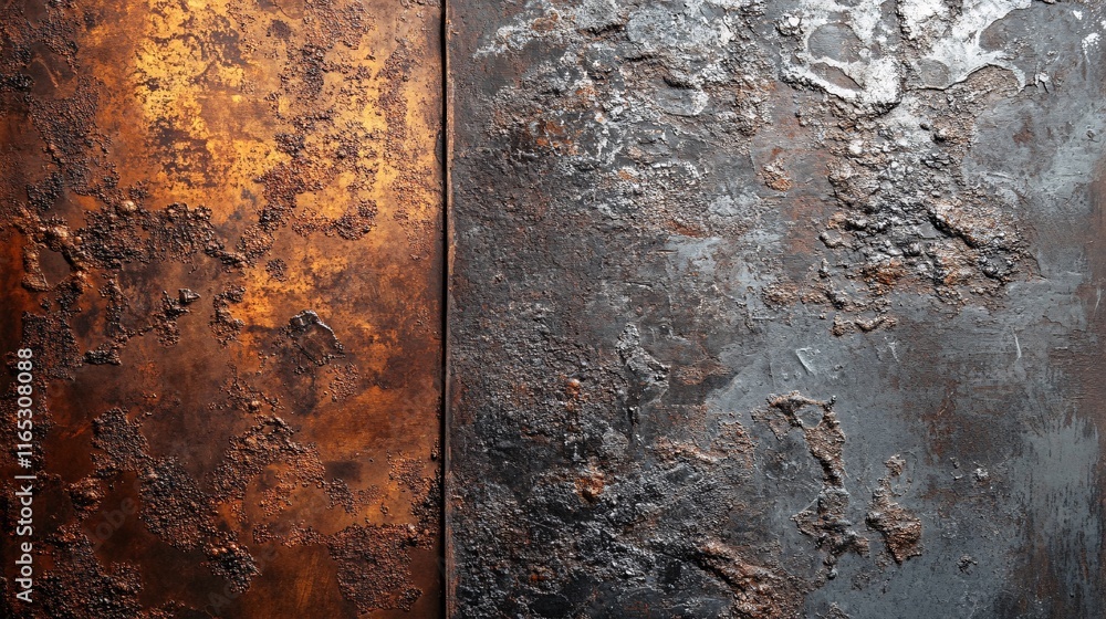 Aufkleber oxidizing copper and silver metal plates creating abstract texture