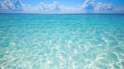 Obraz premium Calm turquoise ocean water under a blue sky with fluffy clouds.