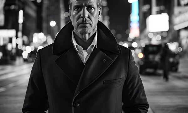 Man in NY city in black and white.