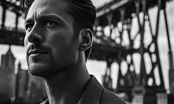 Man in NY city in black and white.