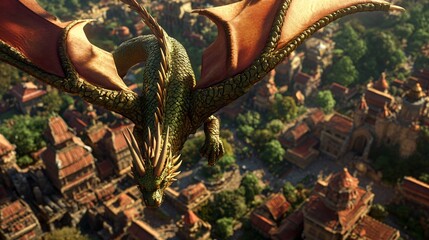 Obraz premium Green dragon flying over medieval city.