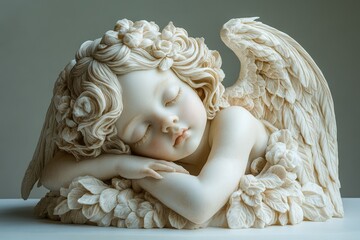 Sleeping cherubic angel statue, detailed carving, delicate features, peaceful expression,  whimsical,  art piece,  sculpture,  carved,  white,  cream,  beige