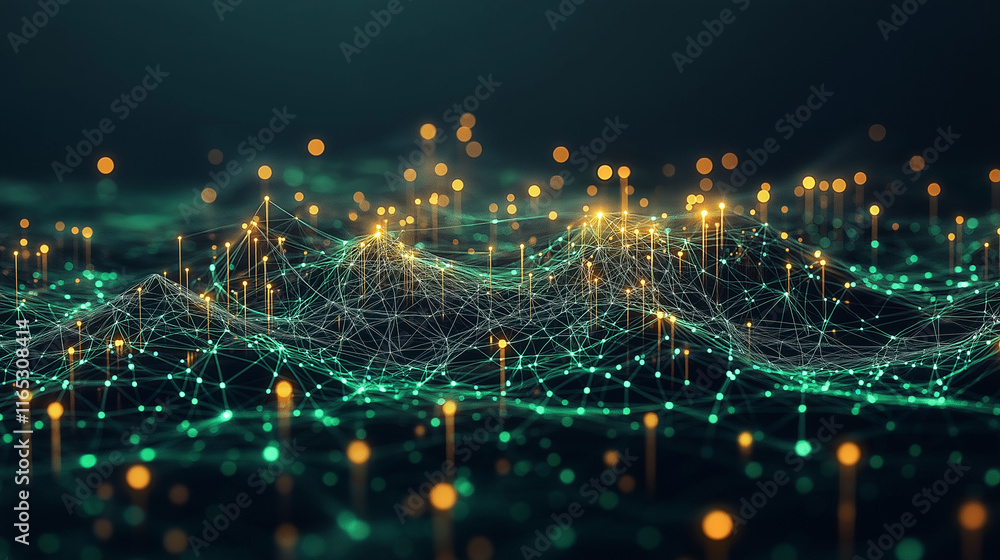 Poster digital landscape: a mesmerizing abstract visualization of a data network, rendered in a vibrant tea