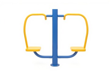 a close up of a blue and yellow gym equipment on a white background