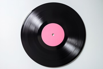 Obraz premium retro vinyl record with pink label at center placed on bright white background for contrast