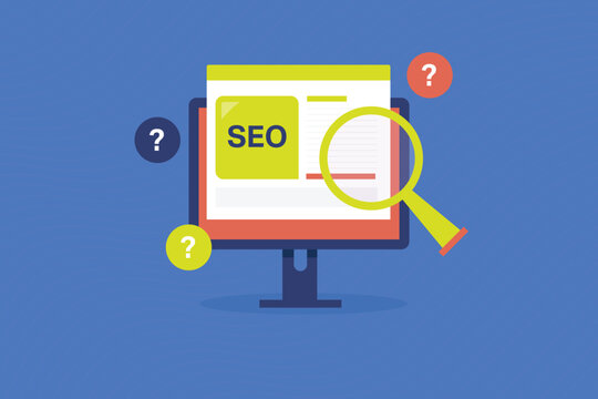 SEO Basics knowledge, SEO questions, SEO stater guide, SEO success. Vector illustration concept.