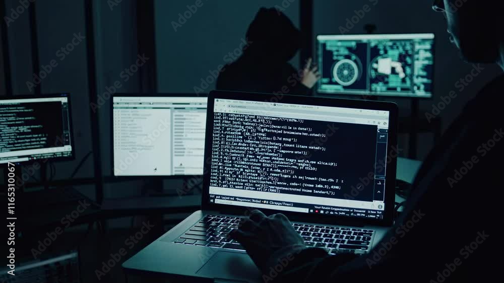 Poster expert hacker works in dimly lit room surrounded by multiple screens and complex code, showcasing ad