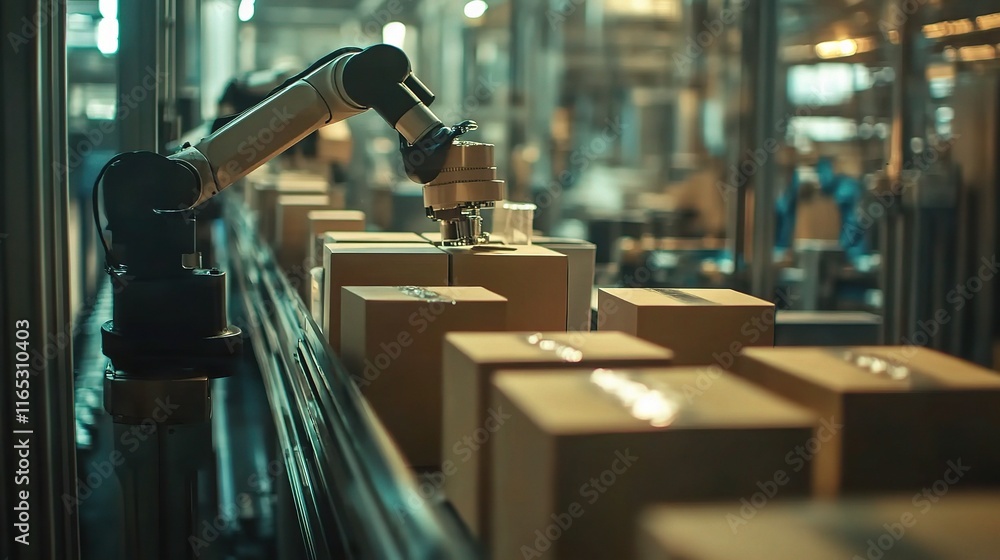 Poster automated packaging line with robot arms in factory setting