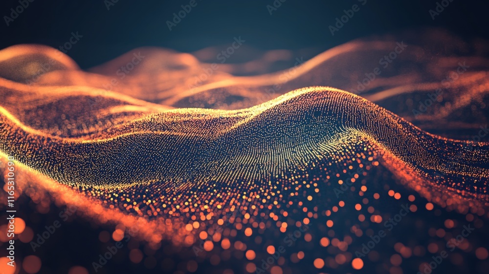 Poster abstract 3d wave pattern with dots in warm color tones and dark background
