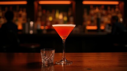 A sultry sipper's delight! A crimson-hued cocktail glass perches atop a rustic wooden table, paired with a diminutive glass cup, set against a dramatic dark backdrop