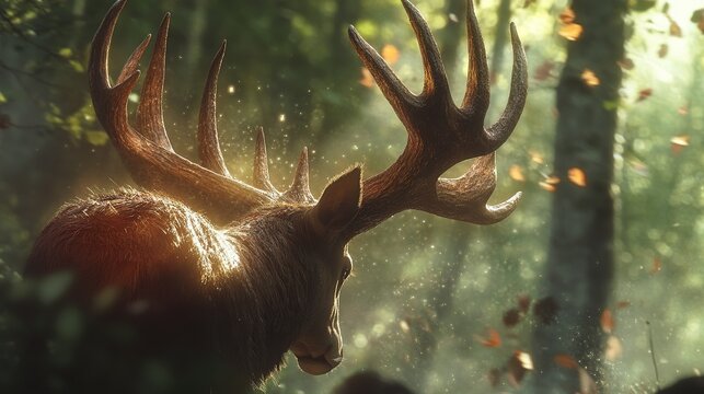 A close-up of a deera??s antlers as it moves through the forest, the sunlight catching the edges of its impressive rack.