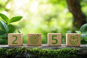 Wooden number blocks displaying 2050, symbolizing a sustainable future, eco-friendliness, and environmental awareness, surrounded by lush greenery and natural elements in a serene setting.