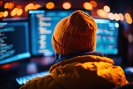 Male programmer in winter attire coding at night with bright city lights in background