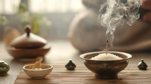 Incense Burner with Smoke Surrounded by Jade and Rice Bowl