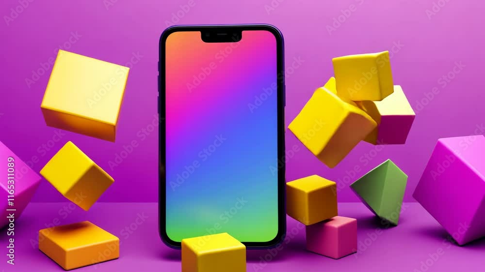 Poster phone is shown in the air with colorful blocks surrounding it. the blocks are in various shapes and 
