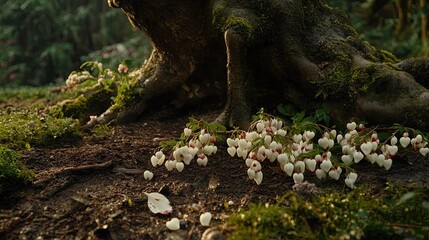 Obraz premium Delicate white flowers scattered at the base of a moss-covered tree trunk.