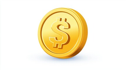 Golden Coin with Dollar Symbol, Currency Coin Representing Wealth and Financial Transactions in a Minimalistic Style Against a Clean White Background