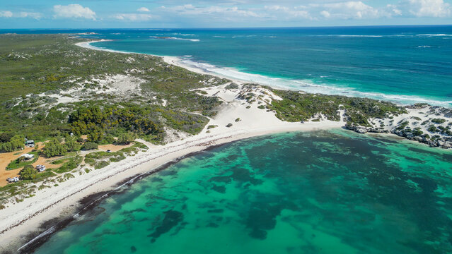 Aerial view of Sandy Cape Reserve near Jurien Bay, Western Australia, featuring pristine beaches and dunes