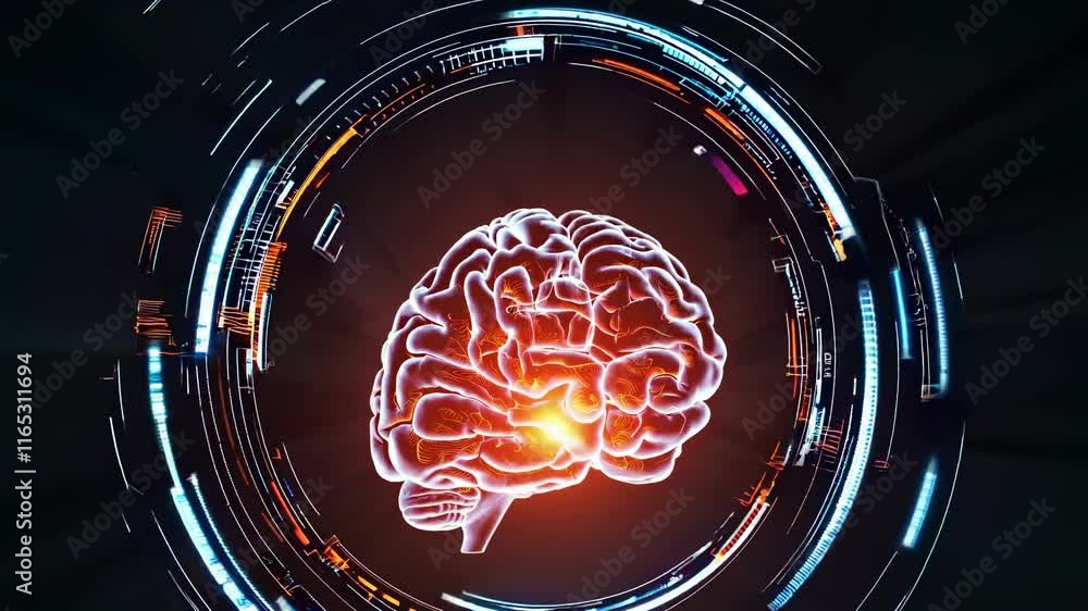 Poster exploring the interaction between technology and human cognition in a futuristic visual representati