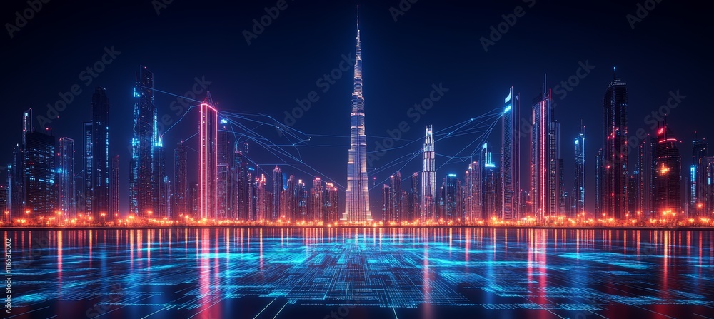 Aufkleber Virtual digital highway bridge with city skyline building building. Cyberspace metaverse world. Generative AI technology.