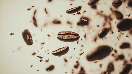 Falling coffee beans creating a dynamic espresso-themed backdrop.