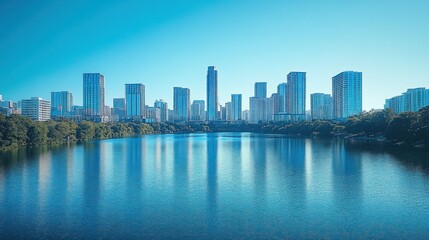 Obraz premium Urban skyline reflecting on a tranquil lake.