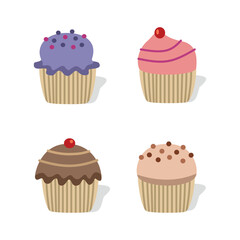 Cupcake strawberry. Cupcake blueberry. Cupcake chocolate. Cupcake vanilla. Set of muffin. Sweet dessert.