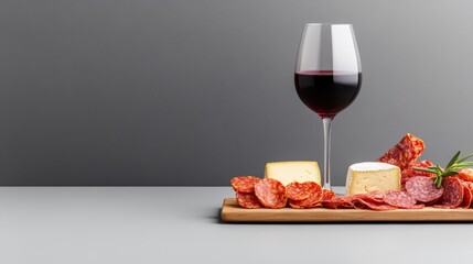 A wine glass beside a platter of cheese and cured meats.