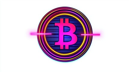 Obraz premium Vibrant Bitcoin Logo with Neon Colors in a Futuristic Design, Symbolizing Digital Currency, Blockchain Technology, and Modern Financial Transactions
