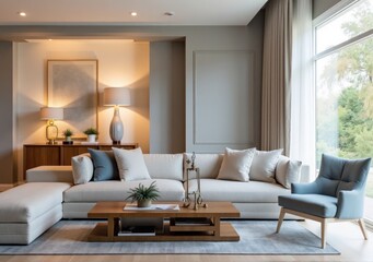 Fototapeta premium coastal-inspired living room with light wood furniture and Pantone's 2025 color in soft furnishings