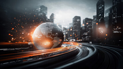 Dynamic globe with swirling travel routes in futuristic cityscape