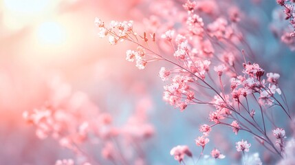 Naklejka premium Delicate pink flowers blooming in spring sunlight with pastel colors