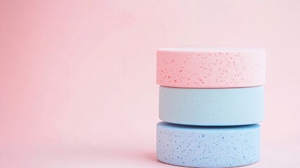 Three cylinder podiums creating display on pink background