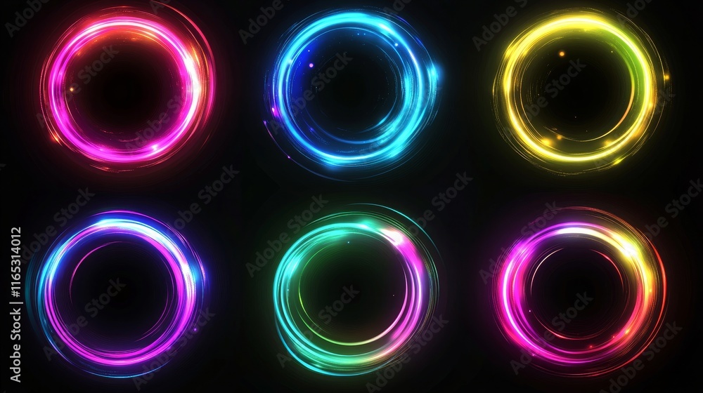 Poster vibrant circular neon shapes with smooth gradient transitions in a colorful abstract design.