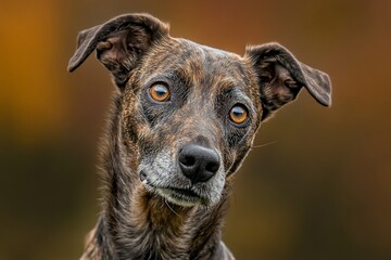 Close-up portrait of a brindle dog with amber eyes, tilted head.