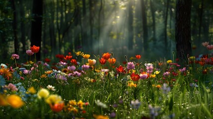 Lush Meadow Illuminated by Soft Morning Light with Vibrant Flowers